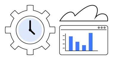 Dijital arayüzdeki bulut bağlantılı çubuk grafiğinin yanındaki saat içerisindeki dişli. Üretkenlik, iş akışı, analitik, verimlilik, veri depolama, yazılım tasarımı, düz basit metafor için ideal
