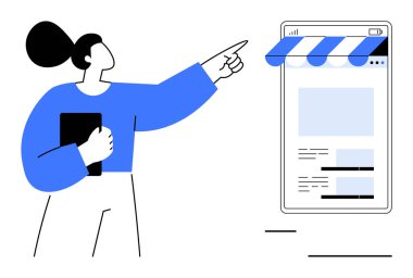 Tablet tutan ve stilize bir cep telefonu mağazasını işaret eden bir kadın. E-ticaret, çevrimiçi alışveriş, pazarlama, iş büyümesi, perakende satış, dijital strateji ve teknoloji için ideal. Düz basit metafor