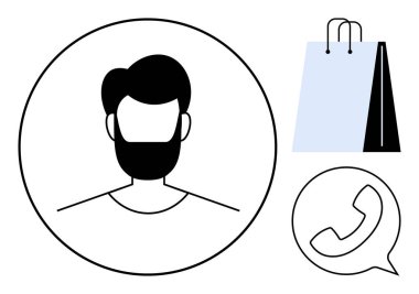 Minimalist tasarım, kullanıcı profili taslağı, alışveriş çantası ve arama baloncuğu içeriyor. E-ticaret, müşteri desteği, iletişim, çevrimiçi alışveriş, kullanıcı profilleri, dijital sosyal yardım için ideal