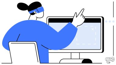 VR kulaklık takan kişi bilgisayar ekranındaki elementlerle etkileşime geçiyor. Teknoloji, sanal gerçeklik, yenilik, gelecekteki işyeri, kullanıcı arayüzü tasarımı, eğitim ve oyun için ideal. Düz