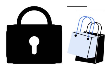 Asma kilit, online alışveriş ve e-ticaret korumasını simgeleyen iki alışveriş çantasının yanında güvenliği simgeliyor. Siber güvenlik, e-ticaret güvenliği, dijital işlemler, müşteri koruması için ideal