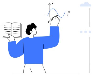 Koordinat düzleminde kişisel tutuş defteri ve çizim grafiği. Eğitim, matematik, analitik, öğrenme, öğretim, sunum, veri kavramları için ideal, düz basit metafor