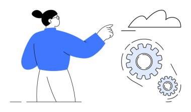 Birbirine bağlı dişlilerle bulutlara bakan kadın teknoloji, yenilik ve sistem süreçlerini sembolize ediyor. Temalar için ideal otomasyon, takım çalışması, strateji, iş akışı, bulut hesaplaması