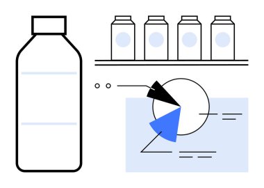 Pasta grafiği ve analizi olan benzer öğelerin ve bilgilerin sergilendiği şişenin yanında. Ürün pazarlama, veri analizi, istatistik, iş sunumu, perakende, tedarik zinciri için ideal