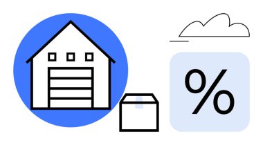 Bir paket kutusunun yanında depo binası, indirimler için yüzde işareti ve bulut. Perakende, lojistik, dağıtım, e-ticaret, depo yönetimi satışları ve tedarik zinciri konseptleri için ideal. Düz