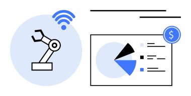 Finansal analitik ekranın yanında kablosuz olarak bağlı robot kol çizelgeler, otomasyon, teknoloji. Üretim, IOT, yenilik, verimlilik, endüstriyel tasarım, finansal
