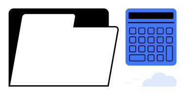Dosya klasörü ve hesap makinesi veri organizasyonu, finans ve bulut depolamayı temsil eder. Muhasebe, teknoloji, üretkenlik, iş planlaması, belgeler, dijital araçlar için ideal basit