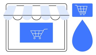 E-ticaret, perakende satış ve dijital satışları temsil eden tente ve alışveriş arabası sembolleriyle dolu bir mağaza önü. Temalar için ideal İnternet mağazası, teknoloji, iş, pazarlama, alışveriş, başlangıç dairesi