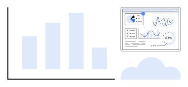 Detaylı analitik gösterge panelinin yanında dijital çubuk grafiği, çizelgeler, veri yüzdeleri ve bulut grafiği. Veri görselleştirme, bulut hesaplama, iş stratejisi, performans analizi ve teknoloji için ideal