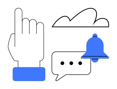 Zil, bulut ve sohbet baloncuğunun yanında el hareketi. İletişim, bulut hesaplama, bildirim, etkileşim, dijital araçlar çevrimiçi mesajlaşma takım çalışması için idealdir. Düz basit metafor