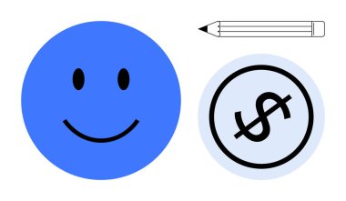 Minimalist tasarımda mavi gülen yüz, kalem ve dolar sembolü. Yaratıcılık, para yönetimi, iş, pozitiflik, eğitim, kişisel büyüme bütçesi için ideal basit metafor