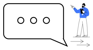 Bir adam elinde üç noktalı büyük bir konuşma balonuna bitişik bir not defteri tutarken konuşma, iletişim, geri bildirim, işbirliği, rehberlik, karar verme, modern mesajlaşma öneriyor.