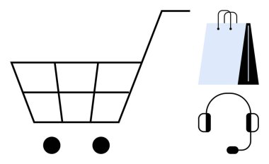 Alışveriş arabasının yanında alışveriş çantaları ve kulaklık perakende, e-ticaret, müşteri hizmetleri ve tüketici deneyimini simgeliyor. Alışveriş, destek, iş, perakende, ticaret için ideal İnternet hizmeti