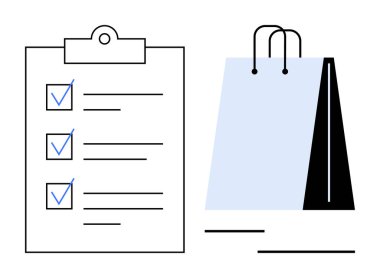 Kontrol işaretli alışveriş torbası ve kontrol listesi planlama, organizasyon ve tüketici kararlarını vurguluyor. Perakende, e-ticaret, hedefler, verimlilik, envanter ve iş yönetimi dairesi için ideal basit