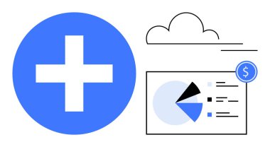 Mavi artı işareti, bulut simgesi, veri tabloları ve dolar sembolü büyümeyi, bulut araçlarını ve analizi temsil eder. Finans, bulut depolama analizleri, başarı yenilikleri, geleceğe dayanıklı ilerleme için idealdir. Düz