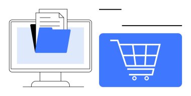 Dijital alışveriş arabasının yanında doküman ve klasör olan bir masaüstü monitörü. Çevrimiçi alışveriş, e-ticaret, veri depolama, bulut teknolojisi, dosya organizasyonu, dijital pazarlama, dijital
