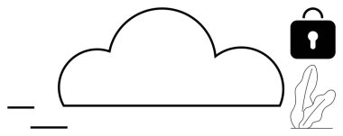 Güvenlik kilidi ve bağlantı için soyut çizgiler olan bulut anahatları. Bitki aksanı. Gizlilik, koruma, bulut depolama, siber güvenlik, teknoloji, çevrimiçi güvenlik için idealdir.