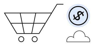 Minimalist alışveriş arabası, daire şeklinde dolar işareti ve e-ticareti, dijital işlemleri bulutla görselleştirmek. İş, perakende, finans, teknoloji ve alışveriş satışları için ideal ekonomik büyüme düzeyi