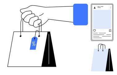 El yordamıyla etiketli alışveriş torbası, telefon ekranı çevrimiçi ürün paylaşımı. E-ticaret, dijital pazarlama, sosyal medya, çevrimiçi satışlar, perakende satış, indirimli alışveriş kavramı için ideal. Düz