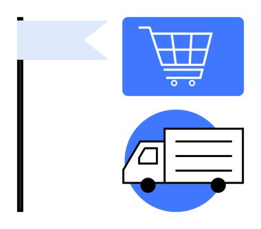 Alışveriş arabası sembolü satın almaları, kamyon teslimatlarını ve bayrak başarıyı simgeliyor. Perakende, e-ticaret, nakliye, lojistik, hedef belirleme, müşteri memnuniyeti için idealdir.