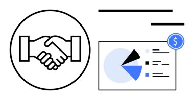 Ölçüler ve dolar işaretiyle finansal pasta grafiğinin yanında el sıkışın. Ortaklık, işbirliği, anlaşma, büyüme, strateji, finans ve karar verme temaları için ideal. Düz basit metafor