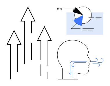 Yukarı oklar, hava akımlı insan profili ve geometrik elementler ilerlemeyi, yeniliği, iletişimi ve stratejik çözümleri sembolize eder. Büyüme, liderlik ve başarı için ideal takım çalışması