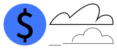 Minimalist bulut şekillerinin yanında mavi dolar sembolü. Finans, teknoloji, bulut hesaplama, maliyet tasarrufu, dijital altyapı, yatırım yönetimi ve çevrimiçi platformlar için ideal. Düz basit