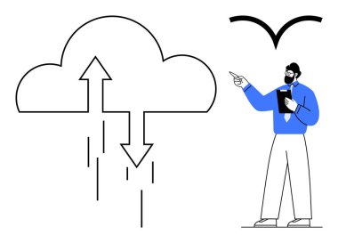 İş adamı, veri yükleme ve indirmeyi temsil eden oklarla bulutu işaret ediyor. Teknoloji, veri depolama, bulut hesaplama, iletişim, iş akışı, iş stratejisi, dijital