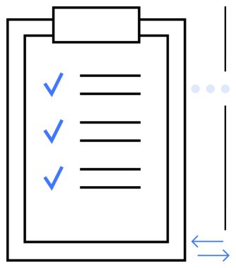 Kontrol listeli pano, üç mavi kontrol işareti, yatay yön bulma simgesi ve ilerleme noktaları. Üretkenlik, görev yönetimi, hedefler, yapılacaklar listesi, organizasyon, değerlendirme iş akışı için ideal