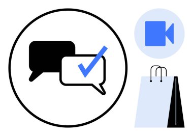 Üzerinde kontrol işareti olan konuşma baloncukları, mavi bir kamera ikonu ve bir alışveriş çantası. İletişim, onay, video konferans, e-ticaret, teknoloji mesajlaşması için ideal. Düz basit