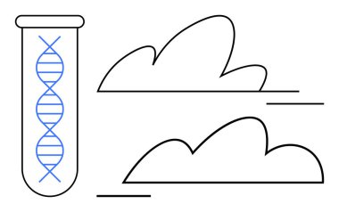 Bulutların yanındaki test tüpündeki DNA sarmalı biyoteknoloji, veri depolama ve yenilenebilir enerji olduğunu gösteriyor. Bilim, teknoloji, araştırma, yenilik, genetik çevre sağlık hizmetleri için ideal