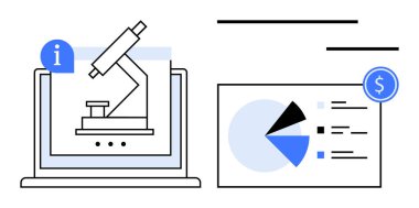 Dizüstü bilgisayar ekranında mikroskop ve pasta grafiği ve göstergeleri olan analiz paneli. Bilim, araştırma, analitik, iş anlayışı, veri çalışması, eğitim ve teknoloji için idealdir. Düz basit metafor