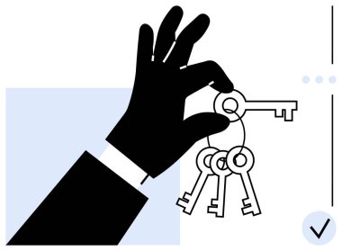 Silüet el anahtarlığı çoklu tuşlarla kavrıyor, seçim, kontrol ve çözümler kavramını vurguluyor. Erişim, fırsat, güvenlik, karar verme, otorite liderliği için ideal