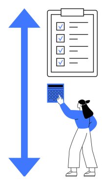 Hesap makinesi tutan bir kadın, tamamlanmış görevleri olan kontrol listesi, büyümeyi gösteren geniş dikey ok. Üretkenlik, iş, planlama, hedefler, başarı ölçüm analizi için idealdir. Düz basit