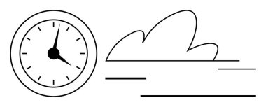 Hareketli bulut ve hızlı hareket eden yatay hız çizgilerinin yanında saat. Kavramların zamanı, verimliliği, hızı, süreyi, verimliliği, verimliliği, ilerlemeyi, yeniliği etkilemesi için idealdir. Düz basit