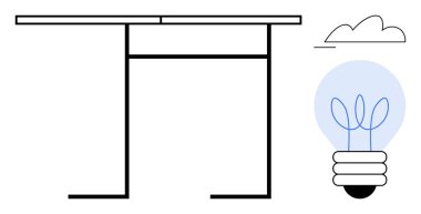 Geometrik masa çerçevesi, bitkisel filamanlı soyut ampul ve basit bulut çizgisi. Çalışma alanı, yaratıcılık, yenilik, modern tasarım, sürdürülebilirlik, minimalizm üretkenliği için ideal