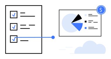 Finansal istatistik ve analizleri vurgulayan bir pasta grafiğine bağlı tamamlanmış görevleri olan kontrol listesi. Üretim, işletme, veri yönetimi, planlama, verimlilik, bütçe, düz basit