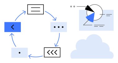 Blokları birbirine bağlayan oklarla dairesel akış şeması, bulut simgesi ve pasta grafiğiyle veri görselleştirmesi. Çalışma akışı, veri analizi, süreçler, otomasyon, sistem tasarımı, yenilik düzlüğü için ideal