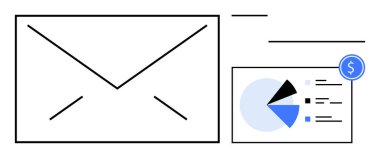İçinde turta grafiği, metin satırları ve dolar simgesi olan bir zarf. İş, finans, e-posta, iletişim, analitik dijital araçlar e-ticaret için idealdir. Temiz düz basit metafor