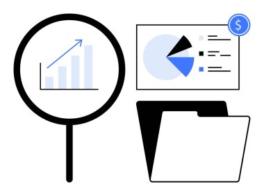 Yükselen grafiğin üzerindeki büyüteç, finansal pasta grafiği ve veri analizlerini, iş eğilimlerini ve büyüme stratejilerini temsil eden belge klasörü. Finans, analitik ve piyasa anlayışları için ideal