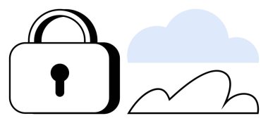 Bulutun yanında asma kilit. Siber güvenlik, bulut depolama, çevrimiçi gizlilik, şifreleme, veri güvenliği, güvenli erişim kontrolü, internet koruması için ideal. Minimalist ve düz bir metafor.