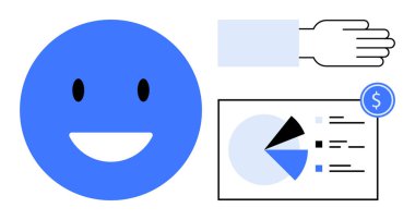 Pasta grafiği ve dolar göstergesi olan mavi gülen duygu, yakınlarda el hareketi. Finans, büyüme, başarı, mutluluk, takım çalışması, müşteri memnuniyeti için idealdir. Düz basit metafor