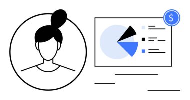 Pasta grafiği, notlar ve parasal ikonun veri görselleştirmesinin yanında kadın silueti profili. İş, analitik, mali planlama, raporlama, kişisel finans, kullanıcı yönetimi için ideal