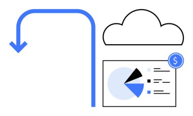Mavi kıvrımlı ok bulut depolamasını, pasta grafiği ve finansal detayları gösteren veri analizi arayüzüne bağlar. Bulut hesaplama, veri yönetimi, mali analiz, dijital çözümler için ideal