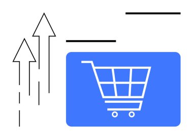 Artan oklarla eşleştirilmiş mavi arka plandaki alışveriş arabası simgesi çevrimiçi satış büyümesini, dijital perakende başarısını ve iş büyümesini sembolize ediyor. Pazarlama, strateji, e-ticaret ve ilerleme için ideal