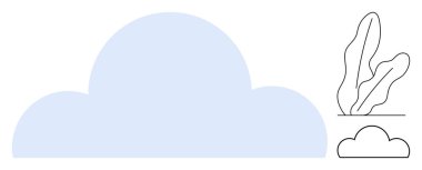 Minimalist bitki çizimleri olan mavi bulut. Hava, ekosistem, büyüme, sürdürülebilirlik, yenilik, açık hava, sanatsal temalar için idealdir. Düz basit metafor