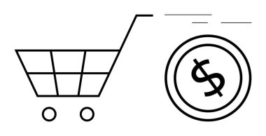 Alışveriş arabası ve dolar parası e-ticaret, tüketici harcamaları, perakende işlemleri, tasarruflar, bütçe, ekonomi ve finansal akışı temsil etmektedir. Ticaret, pazarlama fikirleri ve daire için ideal.