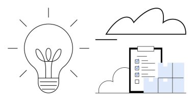 Ampul, kontrol listesi, depolama kutuları ve bulut çizgileri olan pano. Yenilik, üretkenlik, planlama, lojistik bulut depolama, beyin fırtınası düzen yönetimi için idealdir. Düz basit metafor
