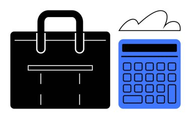 Bulut elementli mavi hesap makinesinin yanında siyah bir evrak çantası. İş, finans, muhasebe, bütçe, organizasyon, dijital araçlar, verimlilik için idealdir. Basit düz metafor