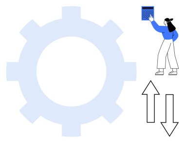 Kadın, büyük dişli ve aşağı yukarı okların yanında hesap makinesi kullanıyor. Finans, veri, analiz, süreç, otomasyon, verimlilik ve yönetim için ideal. Düz basit metafor